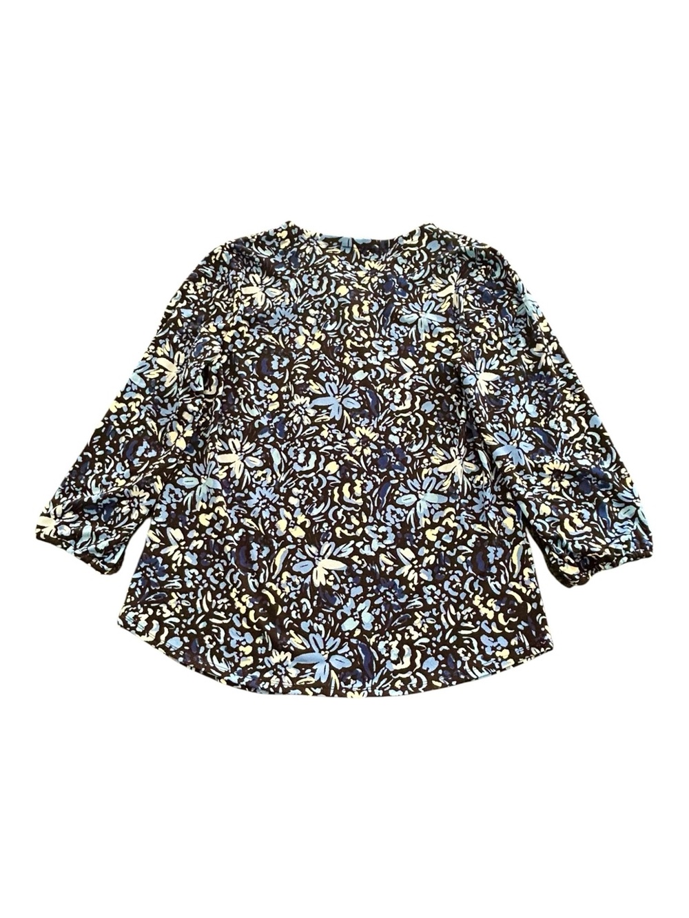 JONES NEW YORK BLOUSE Blue Black Floral Keyhole V-neck 3/4 sleeves Medium - Picture 7 of 7